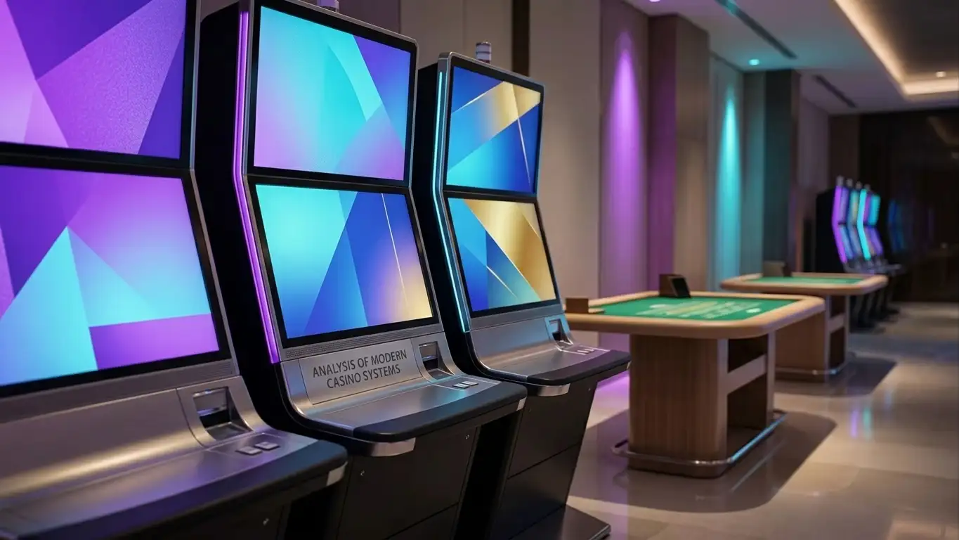 Abstract casino floor with slot-style screens and a live table area under soft studio lighting