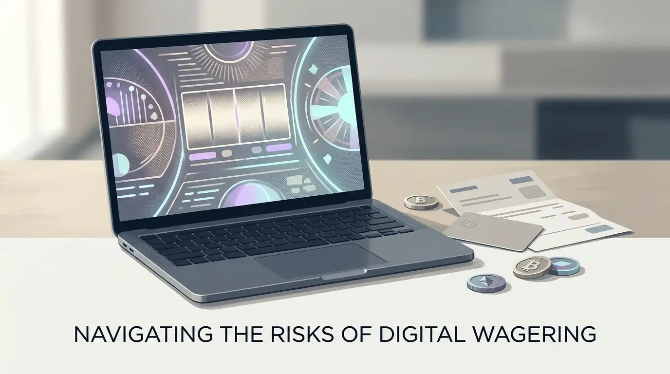 Laptop, payment cards and cryptocurrency symbols arranged beside a neutral casino interface abstraction