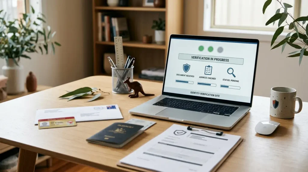 Desk with identity document shapes, address paperwork and a secure account-check screen