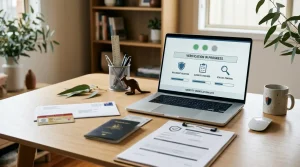 Desk with identity document shapes, address paperwork and a secure account-check screen