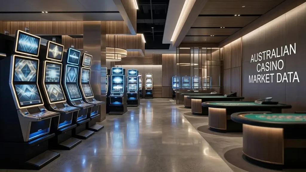 Abstract casino floor with slot cabinets and live table silhouettes