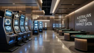 Abstract casino floor with slot cabinets and live table silhouettes
