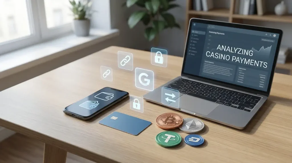 Phone and laptop beside bank card, digital wallet and cryptocurrency payment symbols