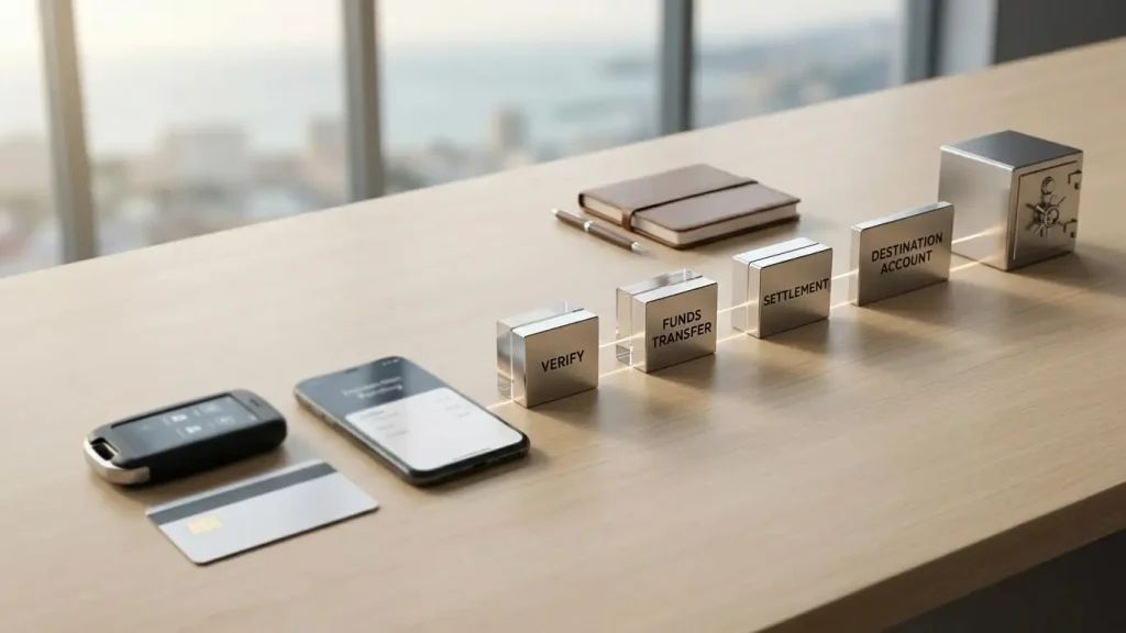 Wallet, bank card and transaction steps arranged as a cashout flow